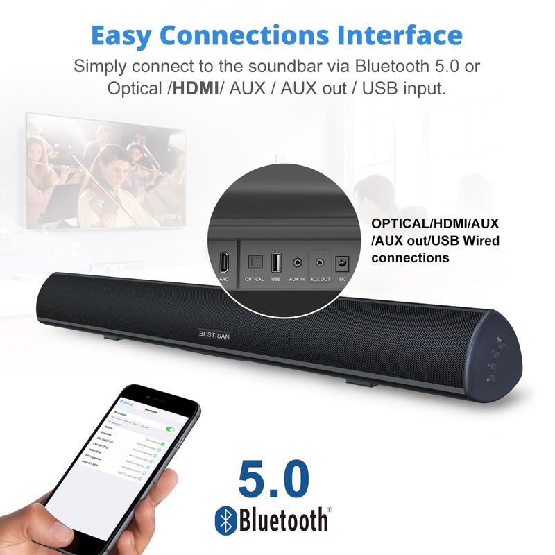 BESTISAN بار صوت BESTISAN 80 واط، بار صوت للتلفاز لنظام المسرح المنزلي (بلوتوث 5.0، 34 بوصة، DSP، صوت جهير قوي، اتصالات سلكية ولاسلكية، قابل لضبط الجهير، قابل للتعليق على الحائط) - Image 4